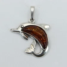 Natural Cognac / Brown BALTIC AMBER Dolphin Pendant 925 STERLING SILVER #5974e