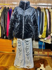 Navy blue crushed velvet puffer jacket