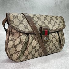 GUCCI 14.02.051 GG Sherry Line Shoulder Bag Brown Beige Leather Gold Hardware