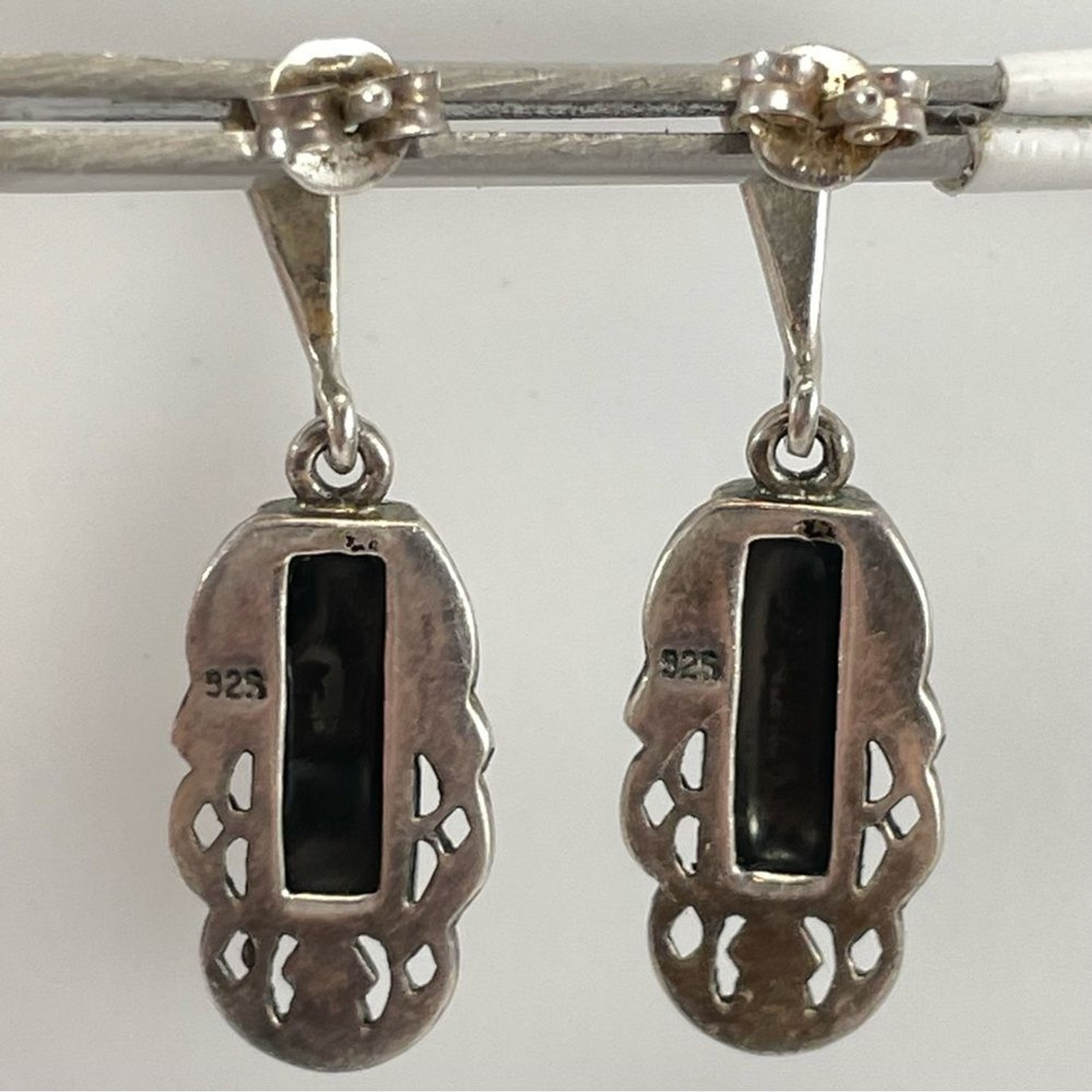 925 Sterling Silver Black Onyx Marcasite Art Deco Dangle Statement Earrings