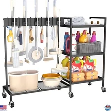 GIOTORENT Heavy-Duty Metal Cleaning Cart - 300lb Capacity, 10 Clips, 5 Hooks,