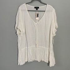 NEW Karen Kane White Gauze Tunic Top Lace Trim Tassel Tie V Neck Plus Size 3X