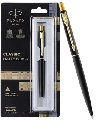Parker Classic Matte Black Golden Trim SS Blue Ink Ball Pen Free Shipping to USA