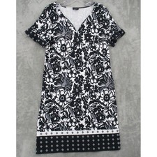 Talbots Dress Medium Floral Cottage Pockets Stretch Knit Lightweight Black White