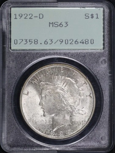 1922-D Peace Dollar PCGS MS-63 Old Green Rattler Holder