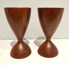 VTG SCANDINAVIAN TEAK HOURGLASS SHAPE CANDLE HOLDERS SET/2 MCM