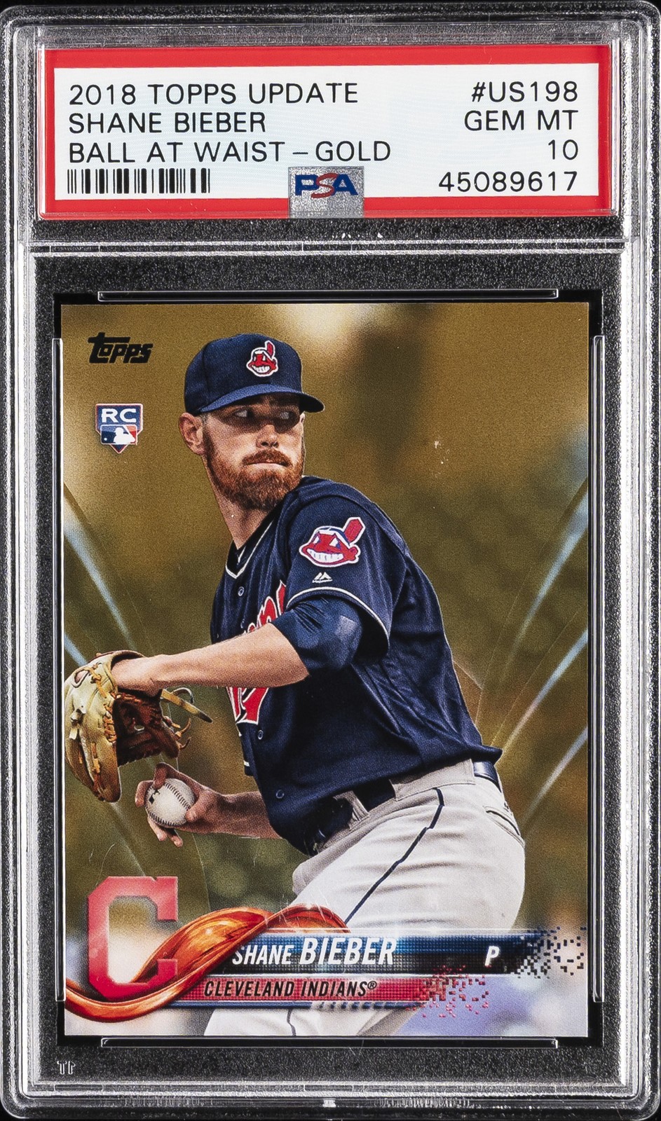 2018 TOPPS UPDATE BALL AT WAIST-GOLD #US198 SHANE BIEBER #/2018 PSA 10