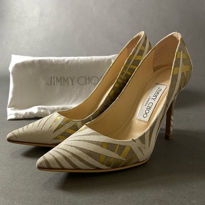 Jimmy Choo Pumps Heel White Gold Grey Canvas EU35 US5 Japan F/S USED