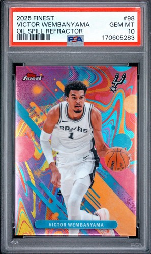 2025 TOPPS FINEST OIL SPILL REFRACTOR #98 VICTOR WEMBANYAMA PSA 10 SA SPURS