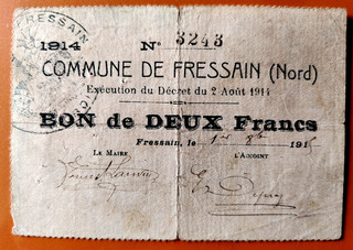 FRESSAIN ( NORD 59) 2 Frs 1915 Pirot 59/1158 RARE