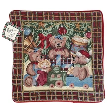 Wool Needlepoint Pillow Cover Teddy Bears Toys Christmas 14" Vintage '94 NWT