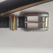 VTG Brighton Black Croc Embossed Leather Belt Silver Gold Two Tone Hardware Sz L