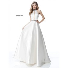 Sherri Hill 51589 Ivory Beaded Halter Ball Gown Pink Crystal Detail Size 6 NWT