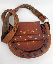 Vintage 60 s 70 s Tooled Leather Painted Floral Butterflies Boho Purse Hippie