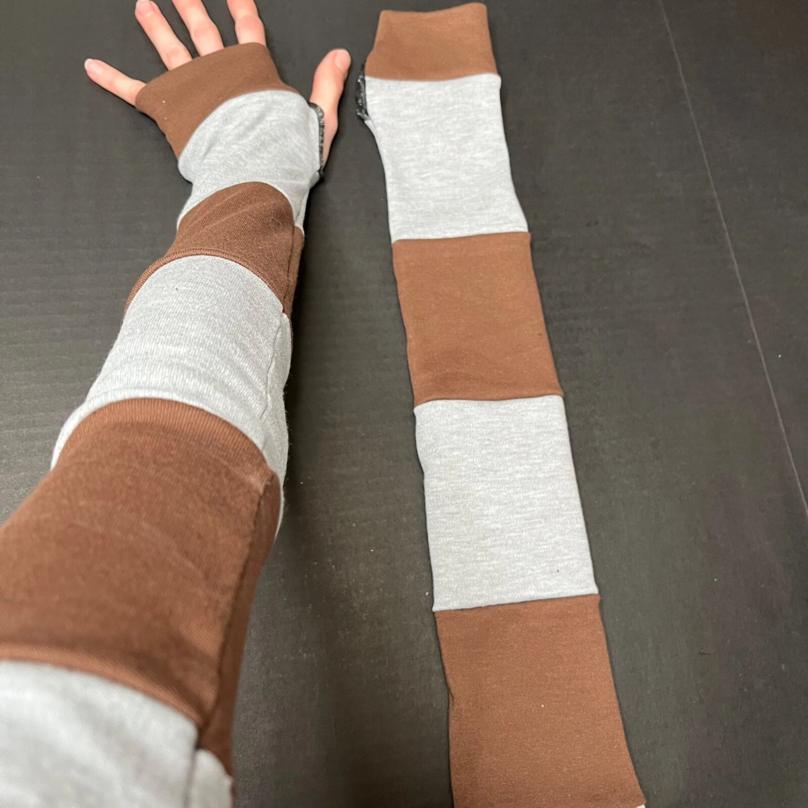 Striped Gloves Brown Hand Warmers Gray Armwarmers Patchwork Long Sleeves Driving