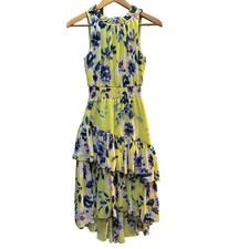 Eliza J Dress Yellow Floral Asymmetric Ruffled Tiered Midi Women's Size 2