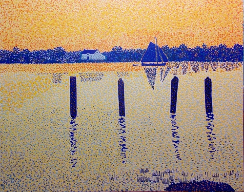 Sailboats on the river Schelde, acrylic on  wood by Michael Byro