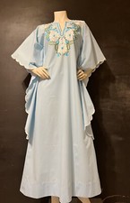 VTG 70s Mexican Dress Embroidered Baby Blue Caftan Mexican Maxi Batwing M