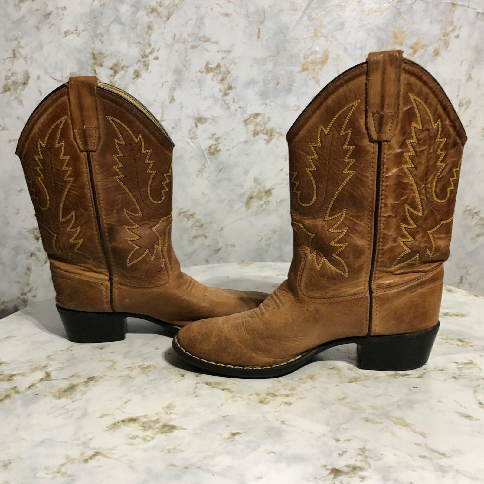 Old West 1129 Youth Kids Size 2M Shoes Brown Black Leather Western