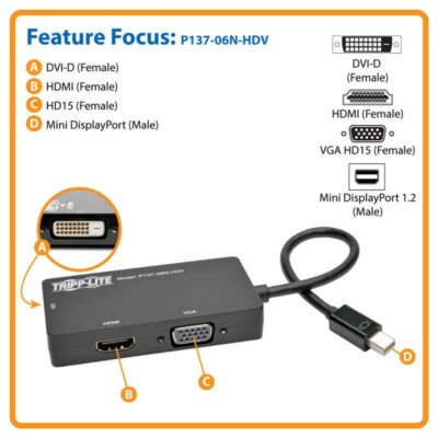 Tripp Lite Mini DisplayPort to VGA DVI HDMI All in One Adapter Video Converter 