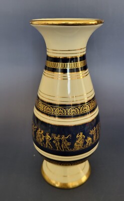 Vintage Handmade Porcelain Vase From Greece Trimmed in 24K Gold 8.5'' Tall