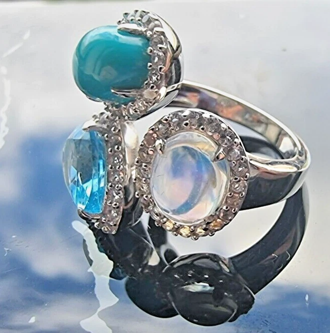 ANILLO KHR PLATA ESTERLINA 925 TOPACIO AZUL TURQUESA Y PIEDRA LUNAR TALLA 5.5 Foto 3 de 4