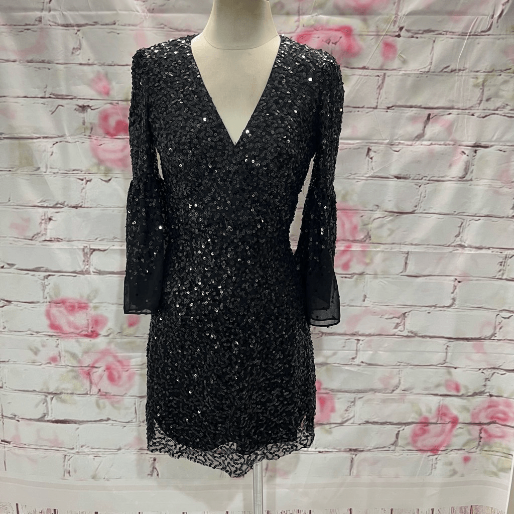 French Connection Women's Cellienne Sequin Bell Sleeve Laced Mini Black  Dress 4 | eBay