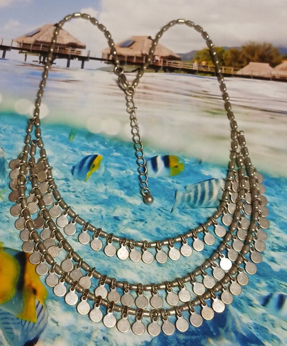 Vintage 60's Triple Strnd Silver Tone Dangling Flat Disk Necklace