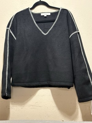 LOFT Black White Contrast Trim V-Neck Fleece Pullover Sweatshirt Size M
