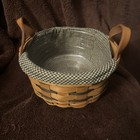 1997 Longaberger ButtonBasket, 7” round, leather handles, plaid liner, protector — photo 1