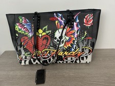 Ed Hardy Snow Leopard Print XL Tote Skull Butterfly Hearts Tattoo NWT
