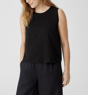 Eileen Fisher Women's Black Organic Cotton Big Pocket Slub Crew Neck Tank Sz S