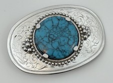 Vtg Western Belt Buckle Silver Blue Faux Turquoise Cowboy Southwest Large