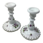 Vtg Fenton Pair of Silver Crest “Violets in the Snow” Candlesticks Hand Painted
