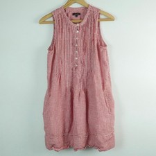 Quince 100% European Linen Sleeveless Swing Dress Red Gingham Pintuck Mini Small