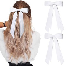 2PCS Silky Satin Hair Bows Hair Clip White Hair Ribbon Ponytail Holder Access...