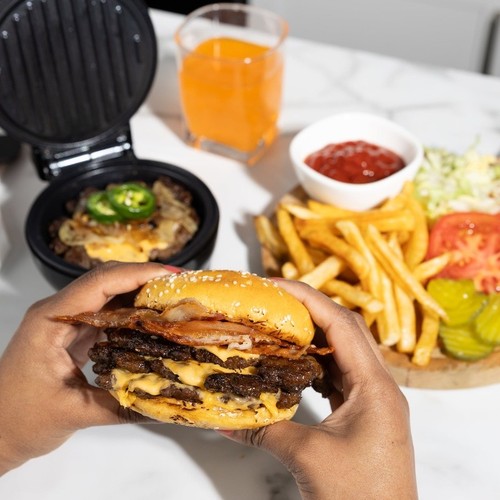 Plancha para hamburguesas Smash con calentador de bollos 750 W bandeja de goteo antiadherente cocina compacta nueva - Imagen 10 de 10