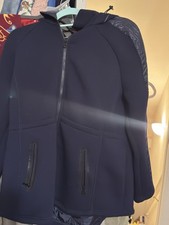 Women's Navy Hooded Activewear Jacket Full Zip Pockets Mid-Length Long Sleeve