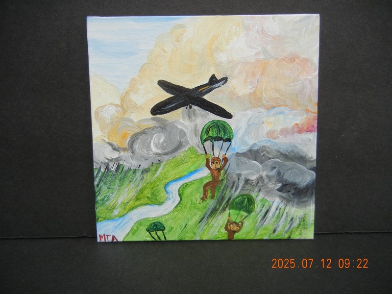 Original Paratroopers in the rain Painting Parachutes plane storm 5 x 5 inch OOA