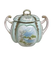 antique Hand Painted Landscape Scene Victorian Decor Sugar Bowl High End Quality