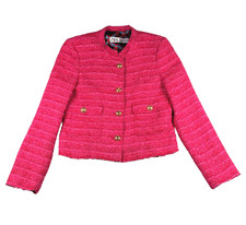 Zara Tweed Blazer Jacket Womens Small Pink Gold Crest Buttons Boucle Crop Lined