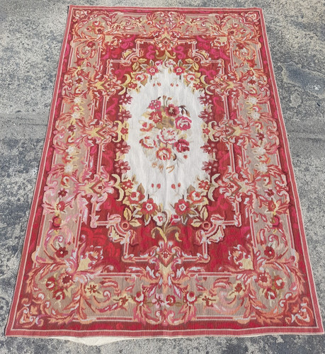 Vintage French Floral Needlepoint Handmade Multicolor Rug Wool Carpet 173x112 cm