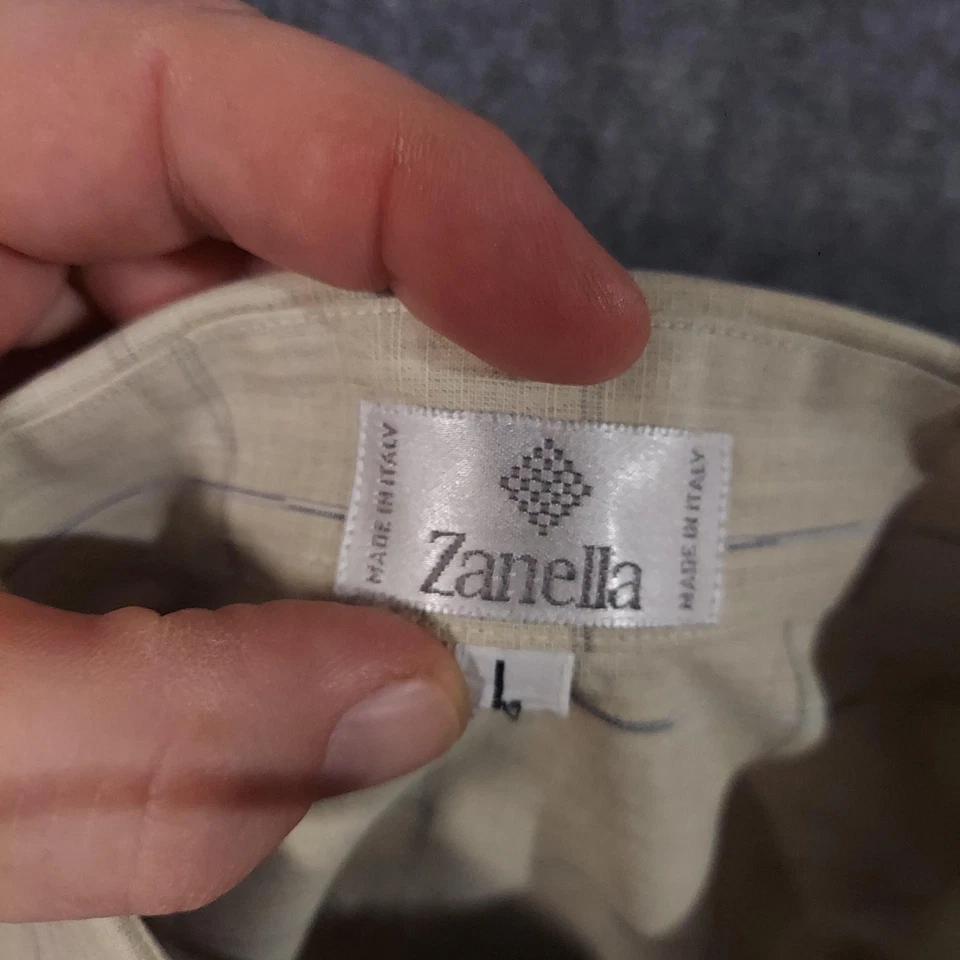 Zanella Shirt Mens Large Beige Cotton Linen Windowpane Long Sleeve Made in Italy - Image 3 of 4