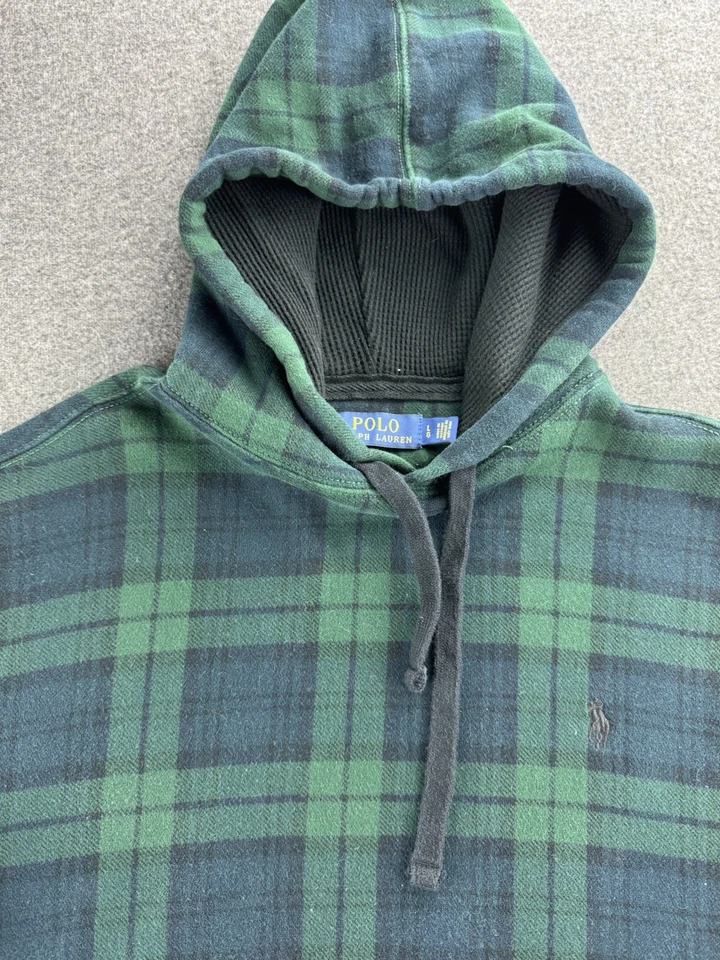 Sudadera con Capucha Polo Ralph Lauren Vintage Años 90 Para Hombre Grande Verde A Cuadros Pullover Negro Poni Foto 2 de 4