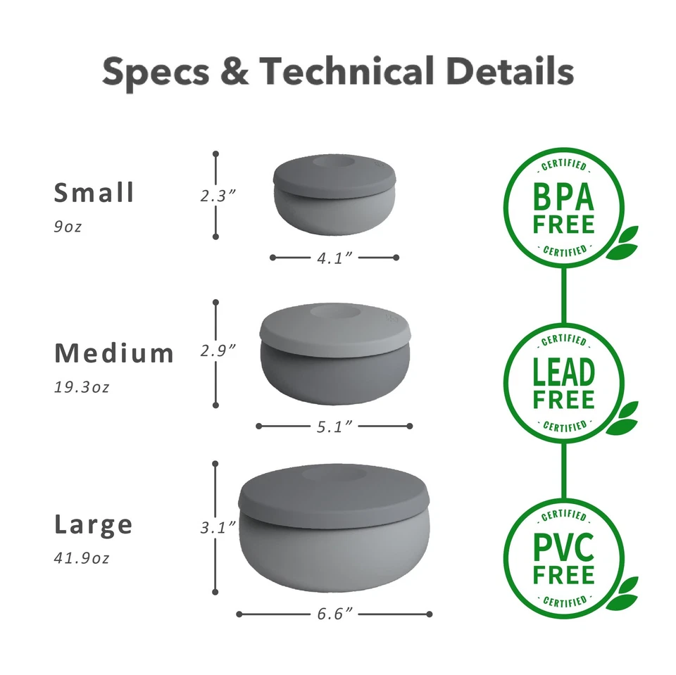 Juego de 3 cuencos de silicona con tapas almacenamiento de alimentos multitamaño a prueba de fugas sin BPA Foto 3 de 4