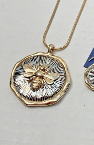 Honey Bee Gold Enamel Coin Charm Medallion Necklace