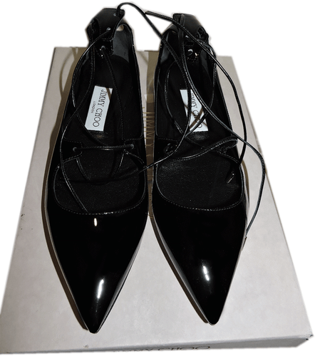 Jimmy Choo Vita Flats Lace Up Pointy Toe Ballerina Flat Lace Up  Black Shoe 37.5 - Picture 1 of 5