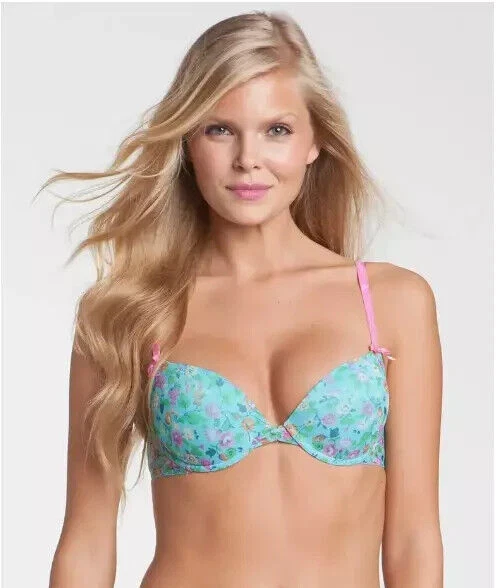 Betsey Johnson Mesh Bump M' Up 723236 Bra Underwire Padded 32DD Aqua Floral Pink - Image 2 of 4