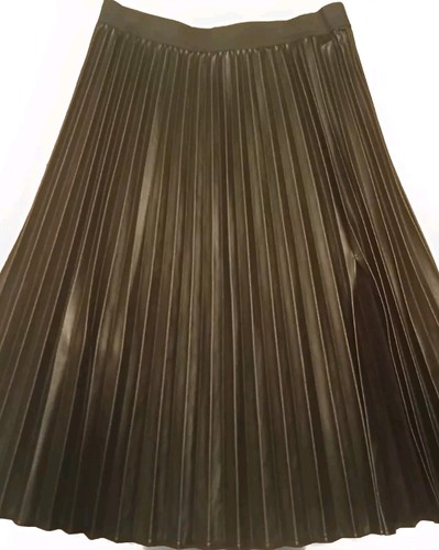 NEW YORK & COMPANY Pleated Faux Leather Pull On Side Slit Black Midi Skirt Sz M