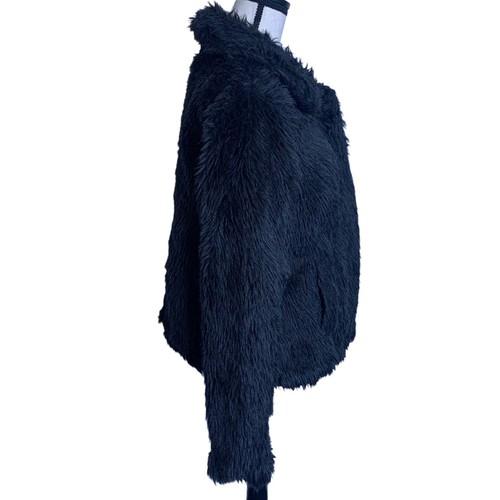 Paris Blues Coat Womens Medium Black Shaggy Faux Fur Open Front Pockets - Picture 3 of 10
